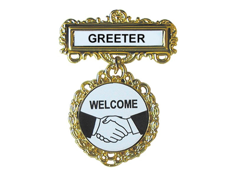 Badge-Greeter Welcome-Pin Back-Fancy Round-Brass