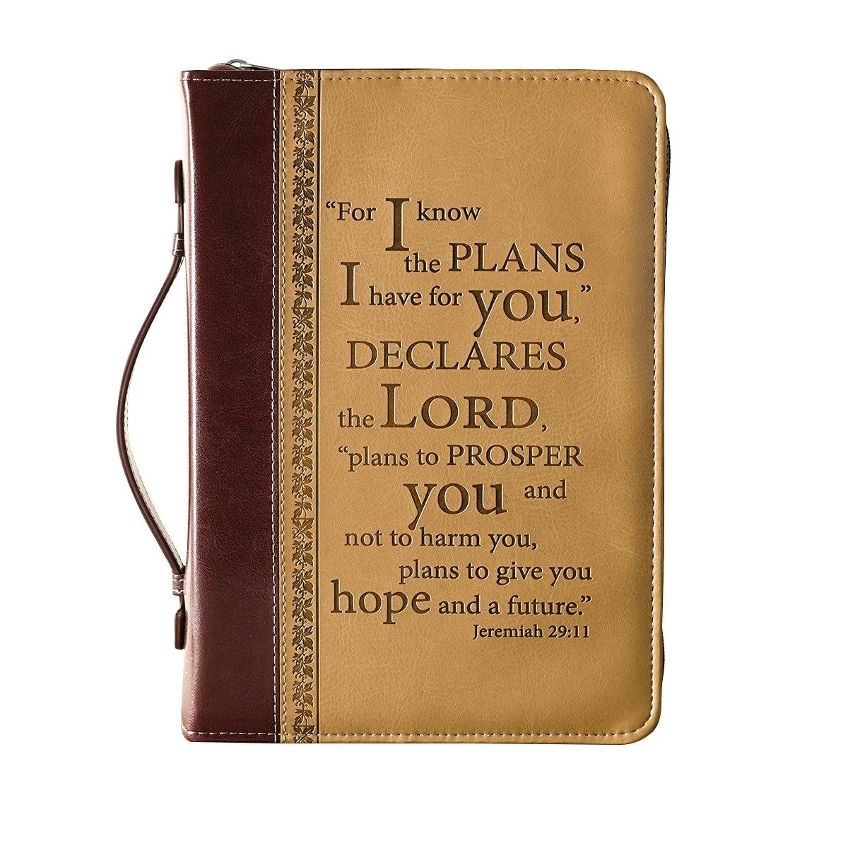 Bible Cover-For I Know The Plans (Jeremiah 29:11)-Two-Tone Brown Faux Leather Classic-Medium