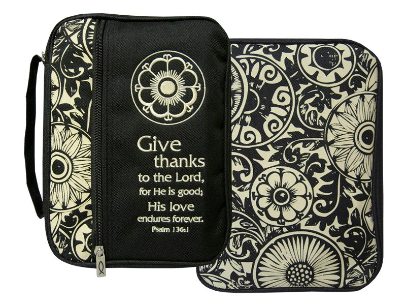 Bible Cover-Canvas-Give Thanks Print-Black/Tan-MED