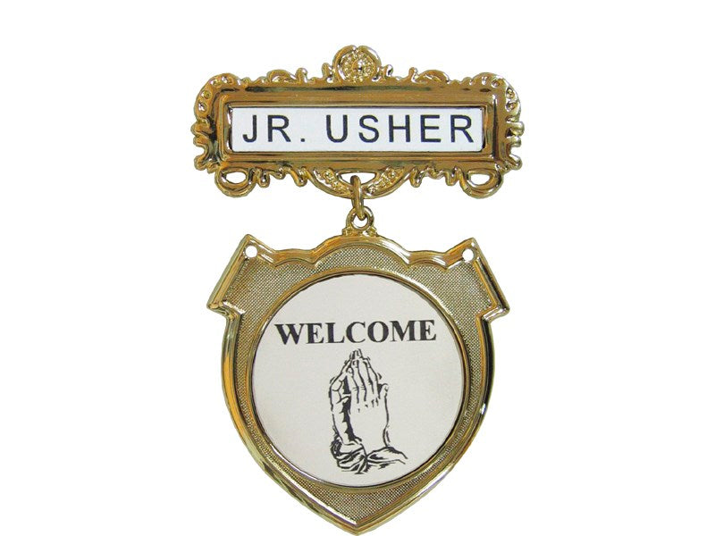 Badge-Jr Usher Welcome-(Praying Hands)-Pin Back-Brass