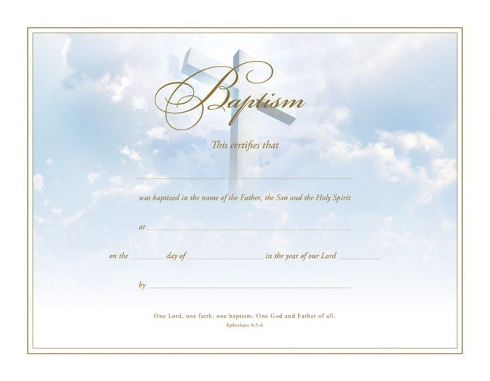 Certificate-Baptism/Cross (Ephesians 4: 5-6) (Gold Foil Embossed Premium Stock) (Pack of 6)