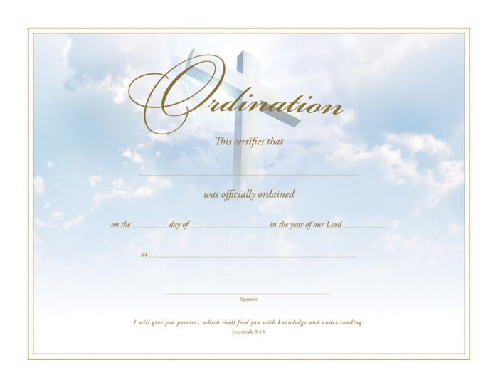 Certificate-Ordination/Cross (Jeremiah 3:15) (Gold Foil Embossed Premium Stock) (Pack Of 6)