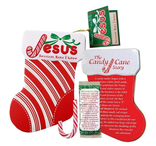 Jesus Candy Cane Stocking Ornament Tin w/Hangtag