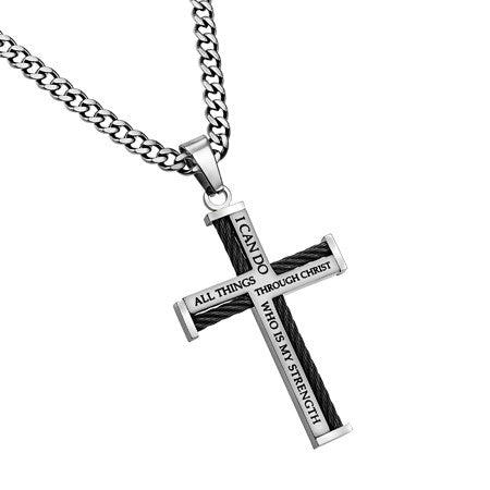 Necklace-Mens Cable Cross-Christ My Strength w/24" Chain