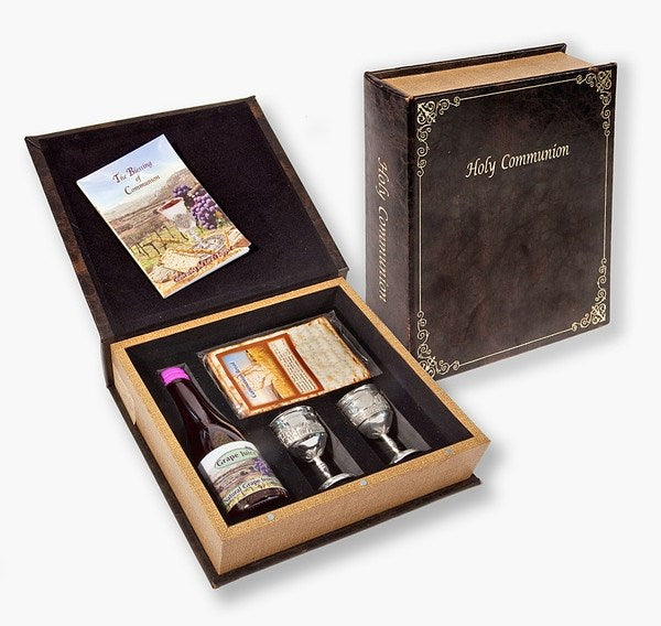 Communion-Set-The Lord's Supper w/Grape Juice Matzah Bread & 2 Silver Cups In Box (#1533)
