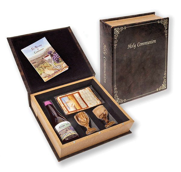 Communion-Set-The Lord's Supper w/Grape Juice Matzah Bread & 2 Olivewood Cups In Box (#1540)