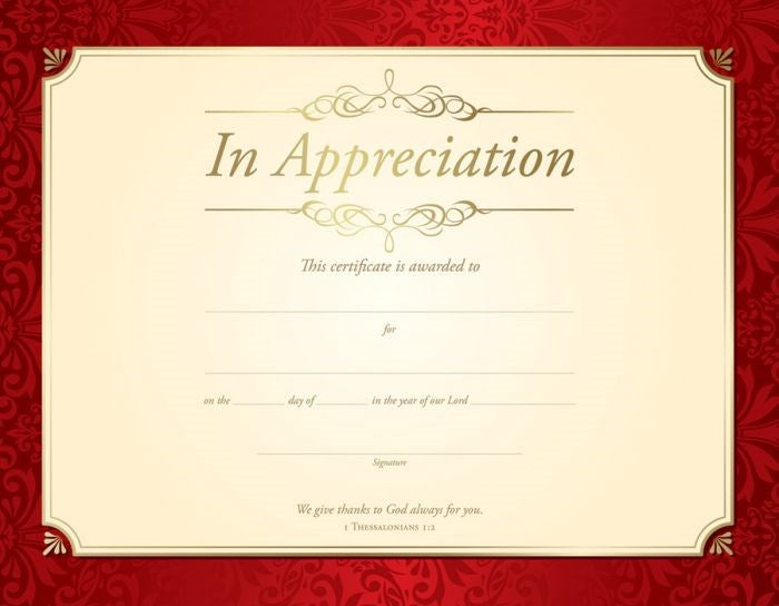 Certificate-Appreciation (1 Thessalonians 1:2) (Gold Foil Embossed Premium Stock) (Pack Of 6)