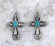 Earrings-Eden Merry-Turquoise Stone Cross/Silvertone