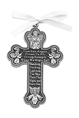 Crib Cross-Guardian Angel w/White Ribbon-Pewter (Gift Boxed)