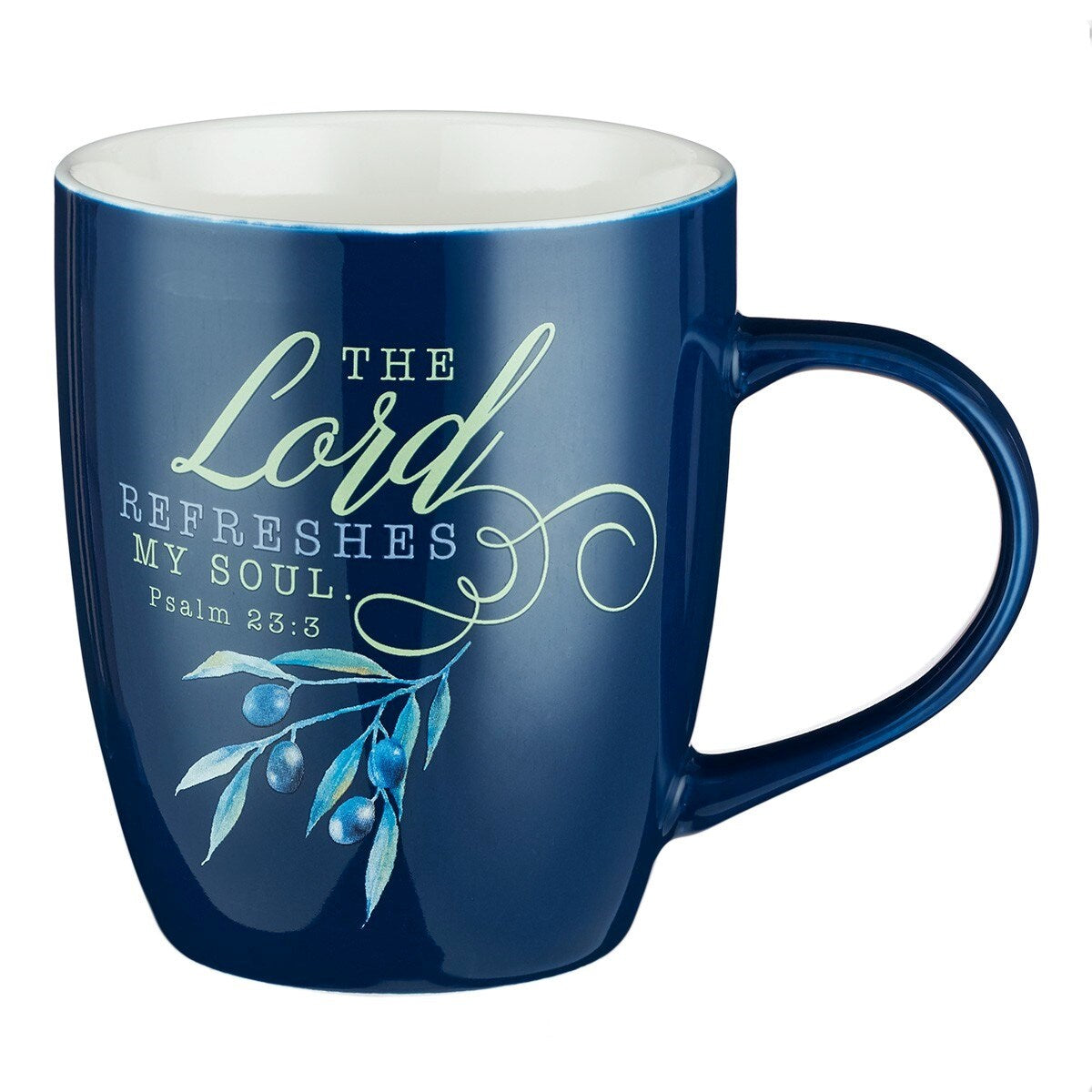 Mug-The Lord Refreshes My Soul (Psalm 23:3)-Blue/White (MUG511)