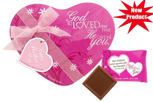 Candy-Mothers Day-God So Loved Me Heart Tin w/10 Milk Chocolate Squares-Pink
