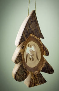 Ornament-Olive Wood-Holy Family In Tree (5")