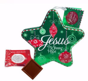 Candy-Jesus Our Shining Hope-Chocolates In Green Star Tin (3.5 Oz) (2022=PUB O/S)