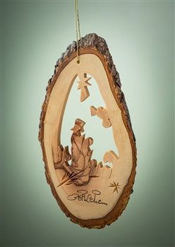 Ornament-Olive Wood-Bark Slice With Nativity (4" To 6")