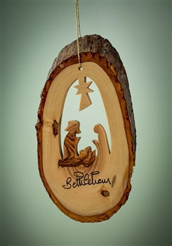 Ornament-Olive Wood-Bark Slice With Nativity (4" To 6")