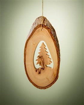 Ornament-Olive Wood-Bark Slice With Christmas Tree (4" To 6")