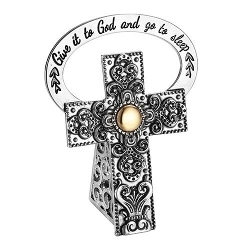 Bedside Cross-Give It To God And Go To Sleep w/Center Gold Dot (2.5")