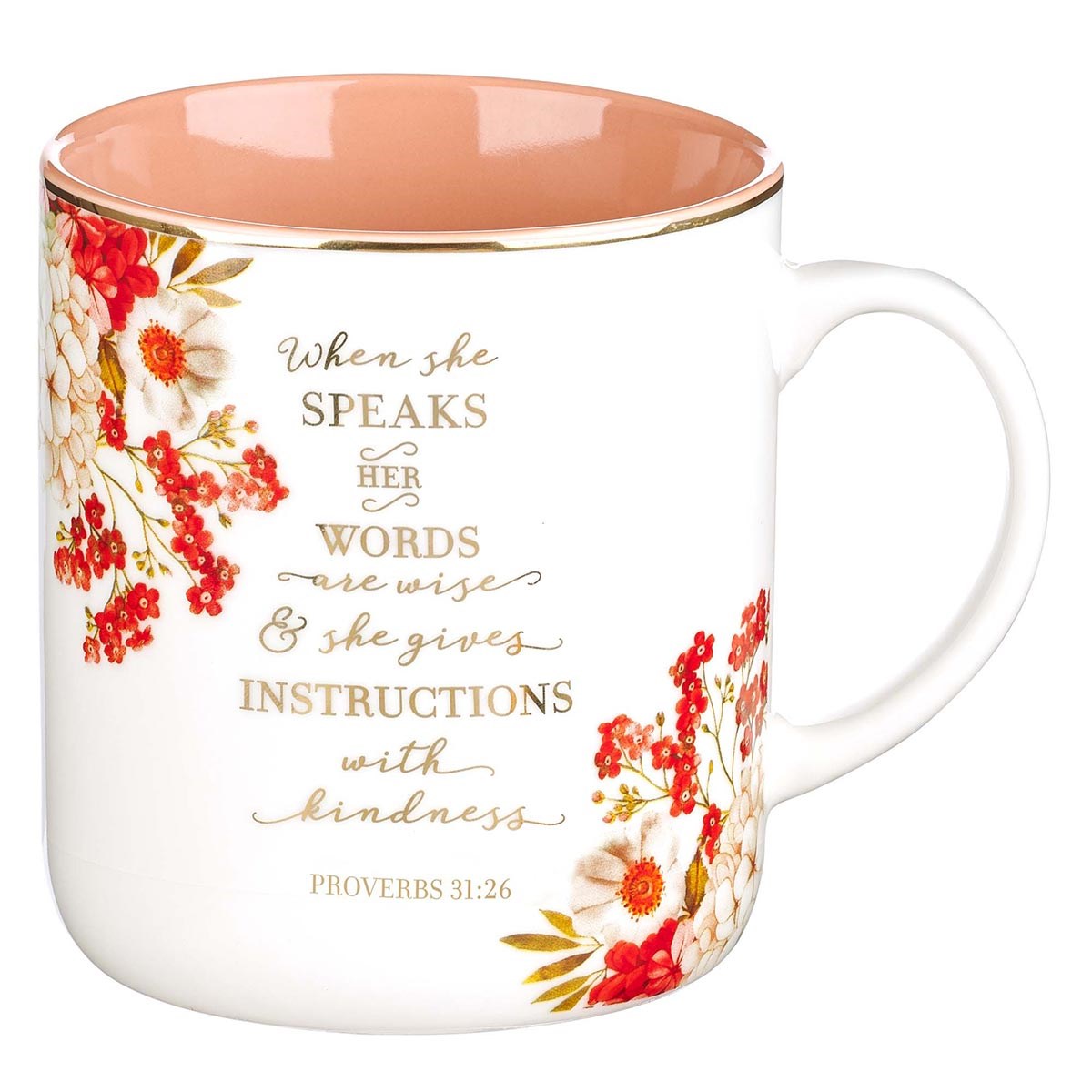 Mug-When She Speaks Her Words Are Wise (Proverbs 31:26)-White/Peach (MUG652)