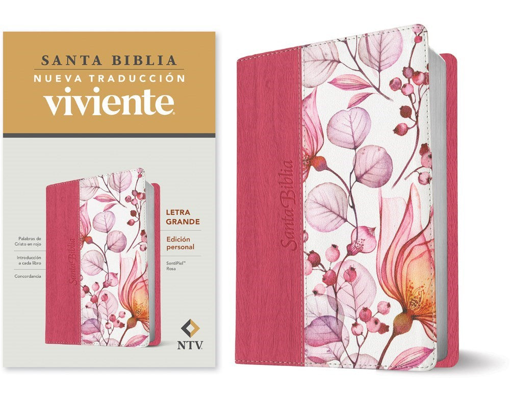 NTV Personal Size Large Print Bible (Edicion Personal Letra Grande)-Pink Floral Leather