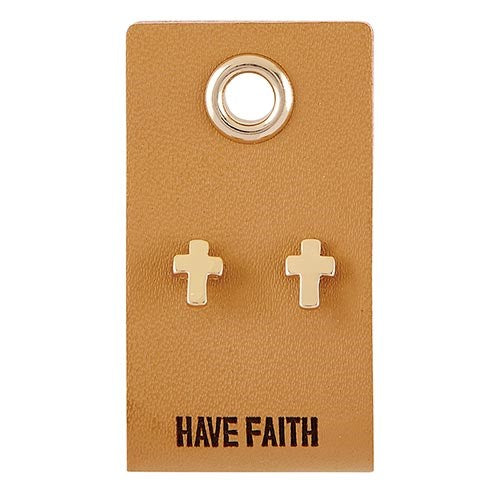 Earrings-Have Faith/Cross Studs On Leather Tag