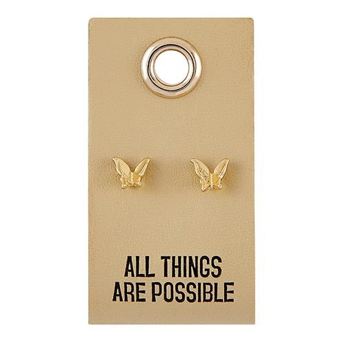 Earrings-All Things Are Possible/Butterfly Studs On Leather Tag