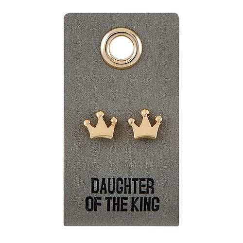 Earrings-Daughter Of The King/Crown Studs On Leather Tag