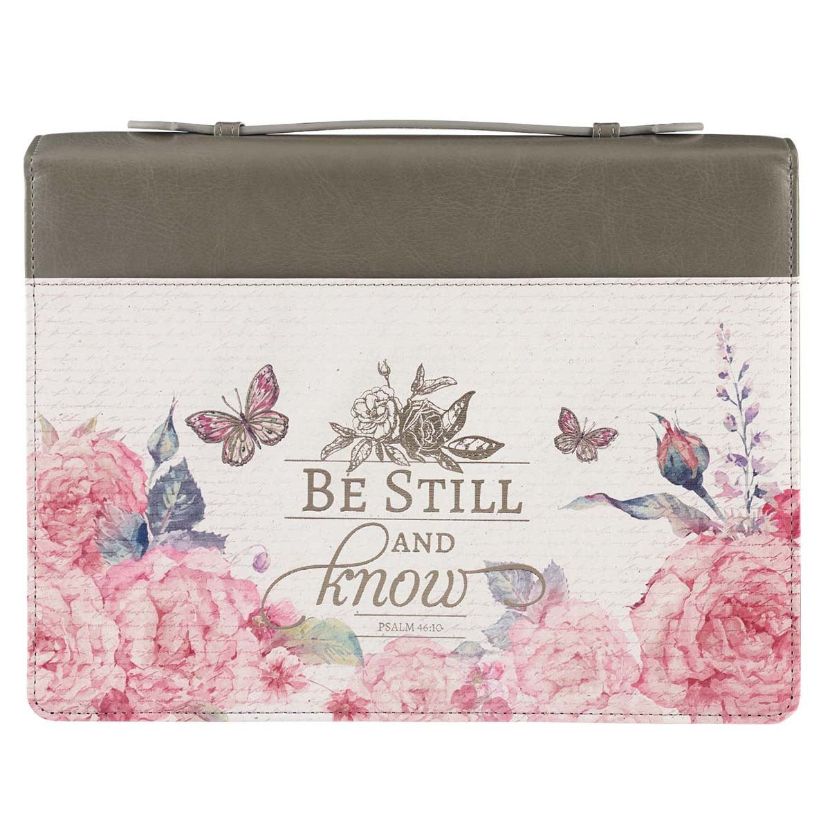 Bible Cover-Be Still And Know (Psalm 46:10)-Pink Floral/Gray Faux Leather Fashion-XLarge