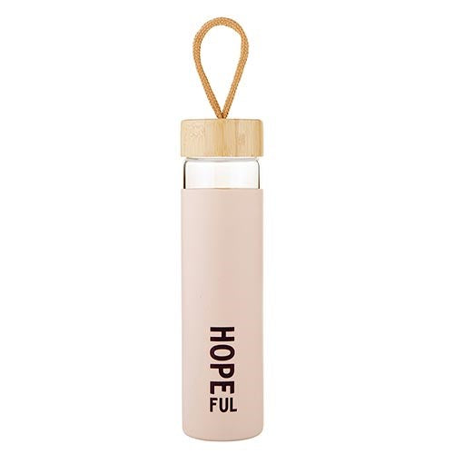 Glass Water Bottle-Hopeful w/Silicone Sleeve  Bamboo Lid (10"H Holds 20 Oz)