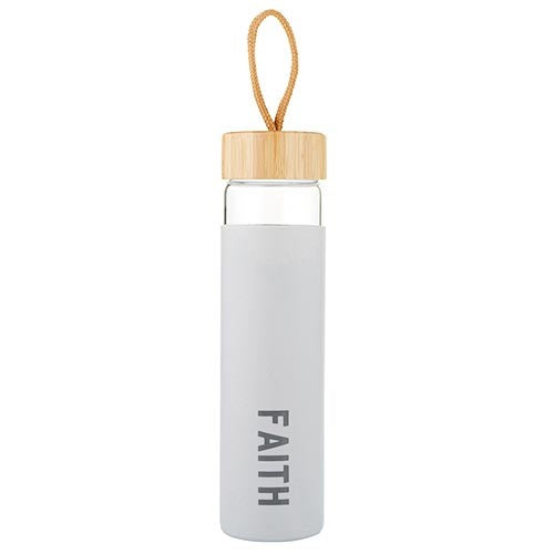 Glass Water Bottle-Faith w/Silicone Sleeve  Bamboo Lid (10"H Holds 20 Oz)