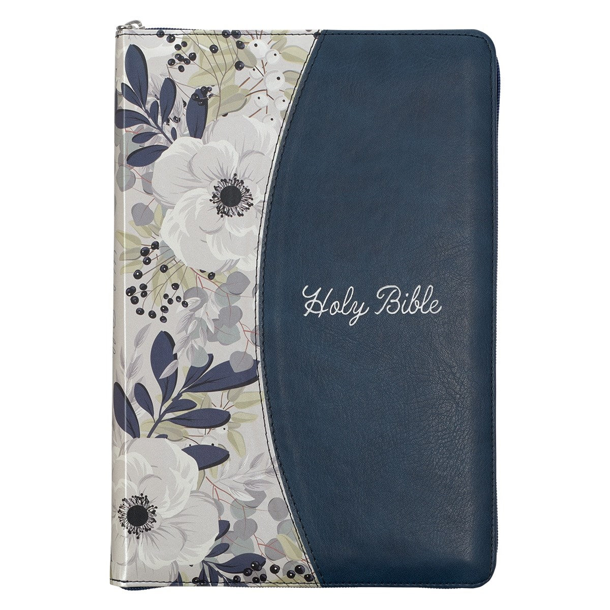 KJV Large Print Thinline Bible-Blue Pearlized Floral Faux Leather Indexed w/ Zipper
