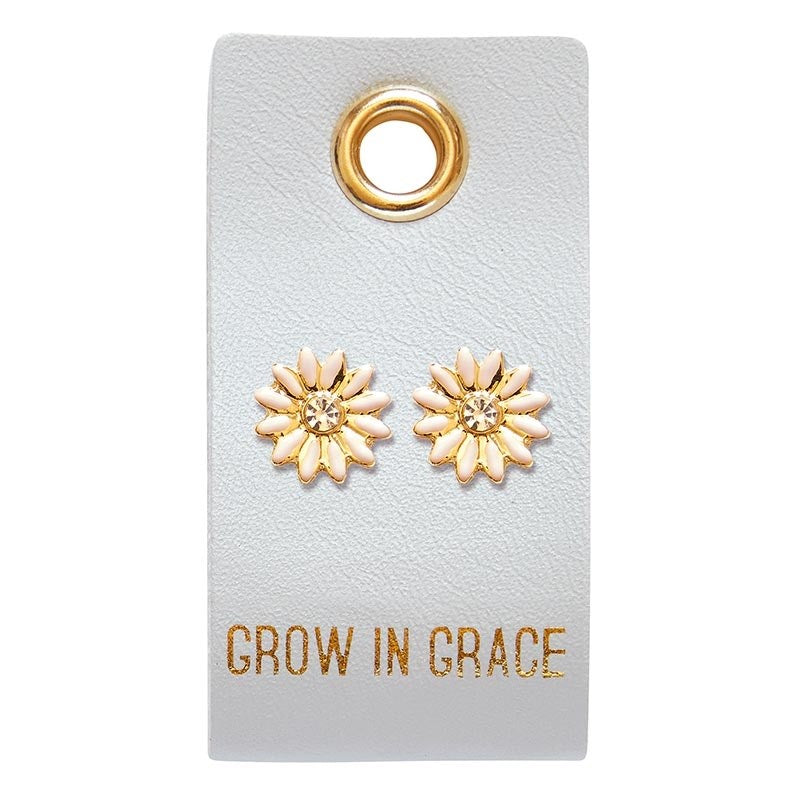 Earrings-Grow In Grace/Flower Studs On Leather Tag
