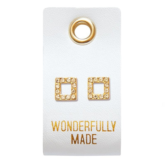 Earrings-Wonderfully Made/Square Studs On Leather Tag