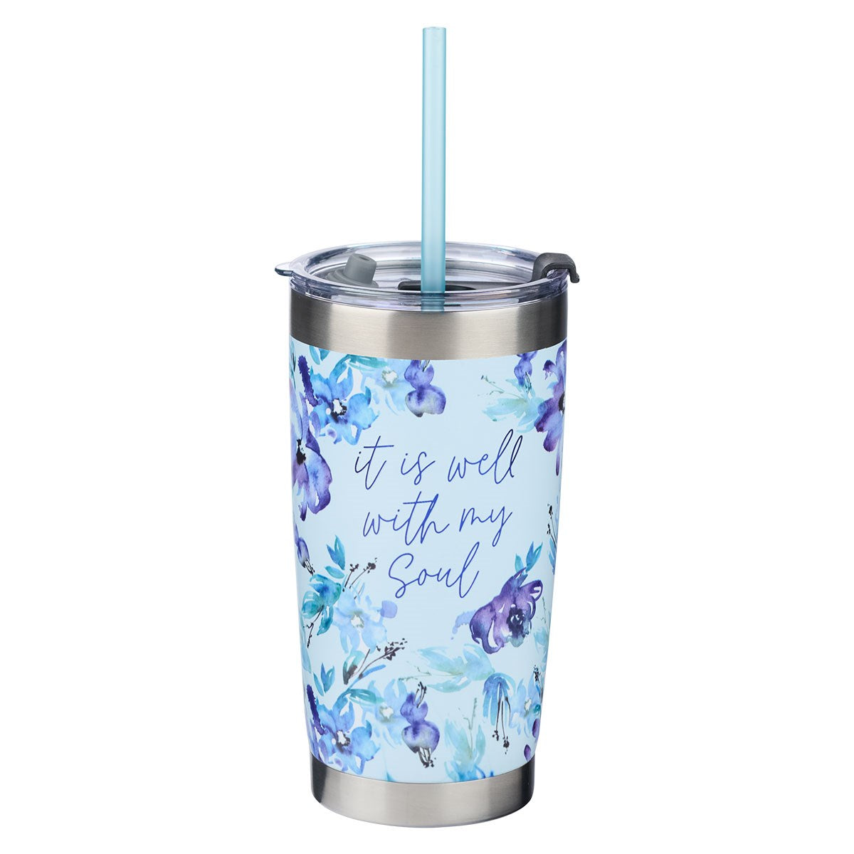 Travel Mug-It Is Well w/Straw-Purple Posies (Stainless)