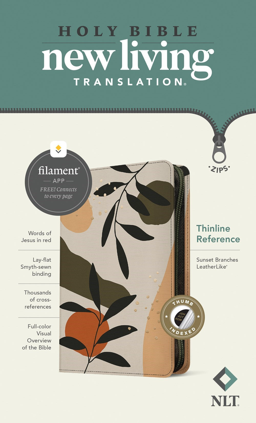 NLT Thinline Reference Zipper Bible Filament Enabled Edition-Sunset Branches LeatherLike Indexed)