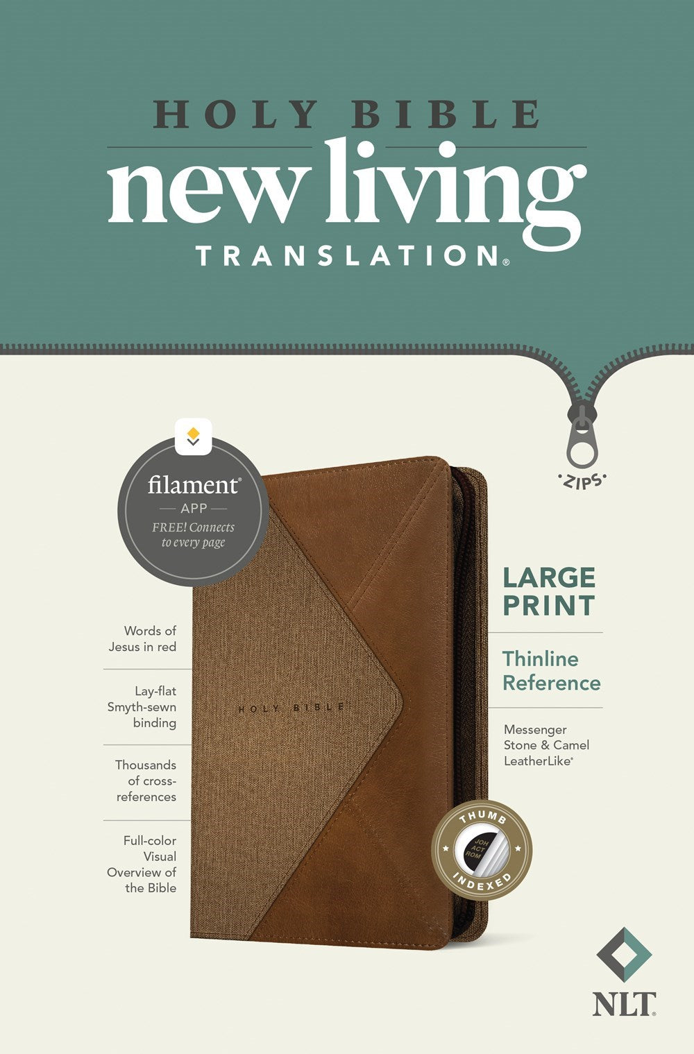 NLT Large Print Thinline Reference Zipper Bible Filament Enabled Edition-Messenger Stone & Camel LeatherLike Indexed