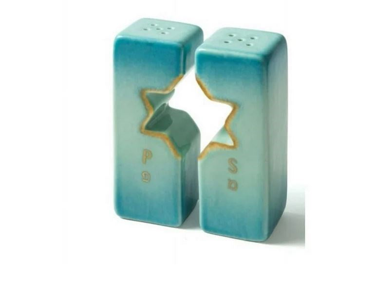 Salt & Pepper Shakers-Star Of David-Blue & Gold Tones (2 Pieces) (#71119)