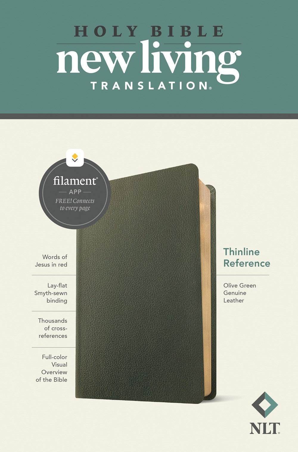NLT Thinline Reference Bible Filament Enabled Edition-Olive Green Genuine Leather