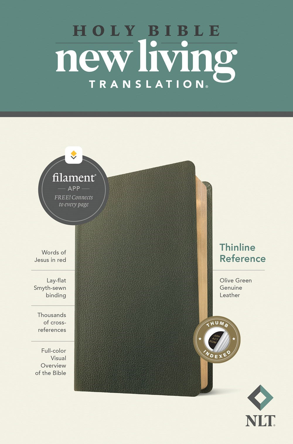NLT Thinline Reference Bible Filament Enabled Edition-Olive Green Genuine Leather Indexed