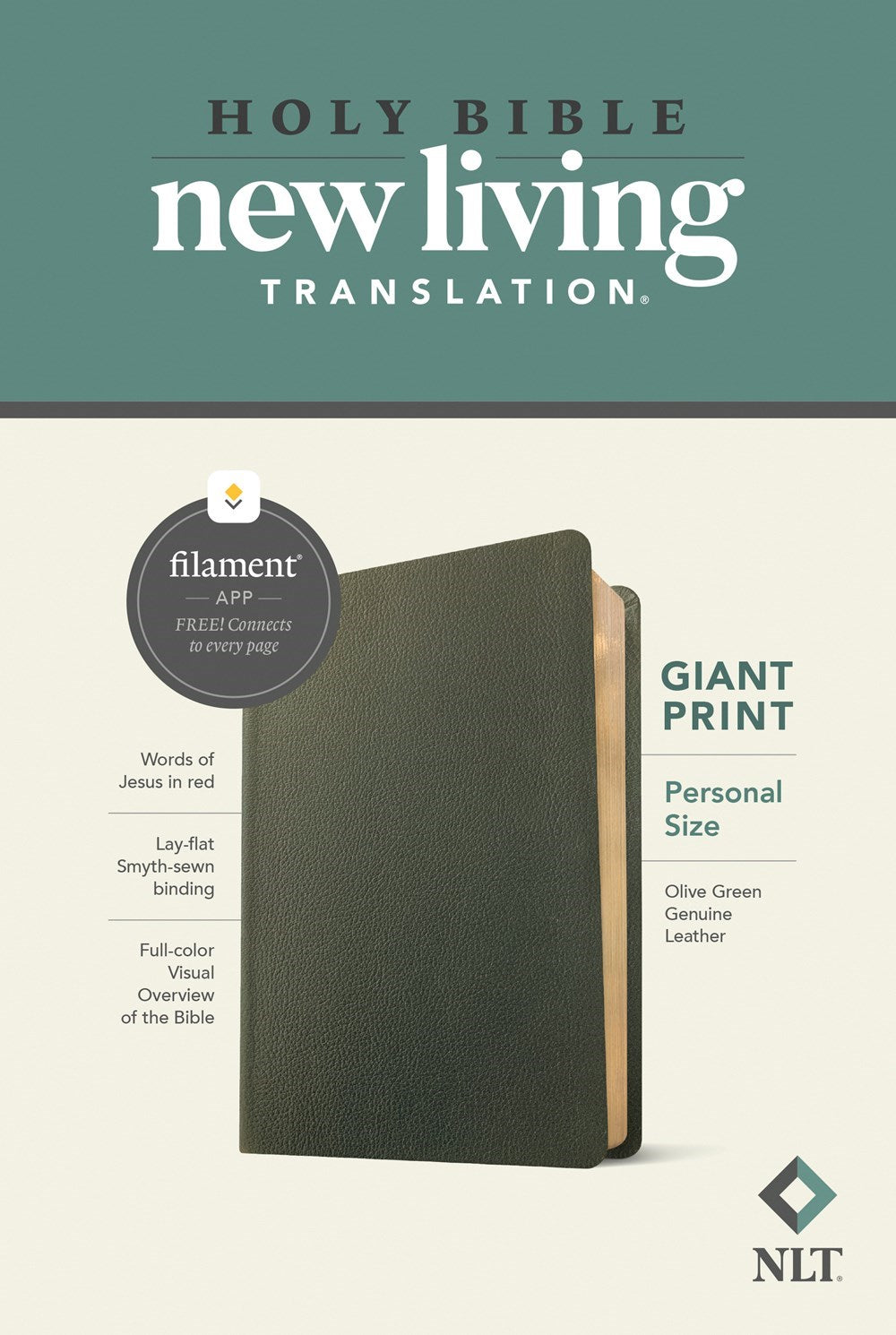 NLT Personal Size Giant Print Bible Filament Enabled Edition-Olive Green Genuine Leather
