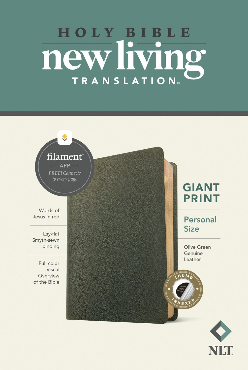 NLT Personal Size Giant Print Bible Filament Enabled Edition-Olive Green Genuine Leather Indexed