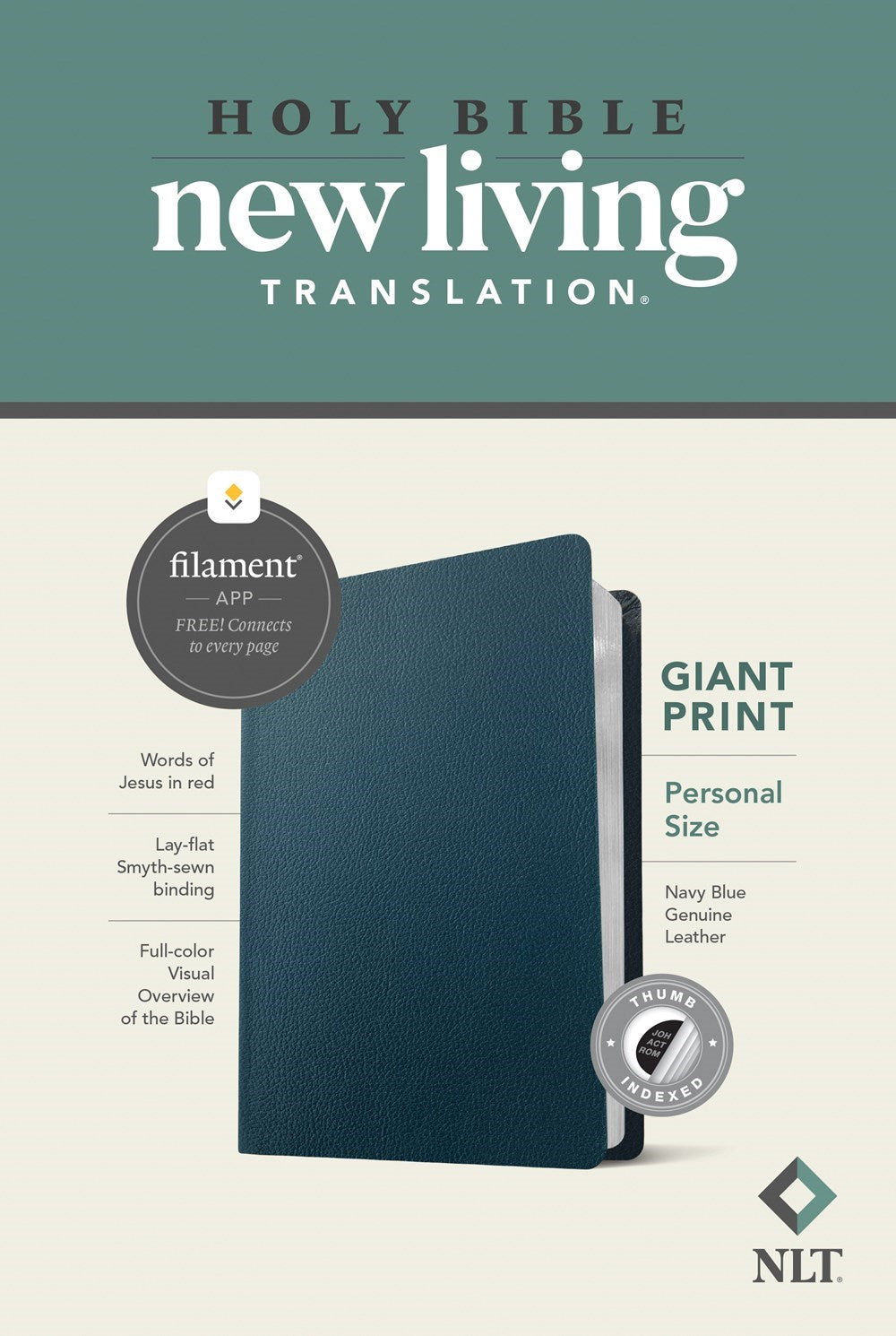 NLT Personal Size Giant Print Bible Filament Enabled Edition-Navy Blue Genuine Leather Indexed)