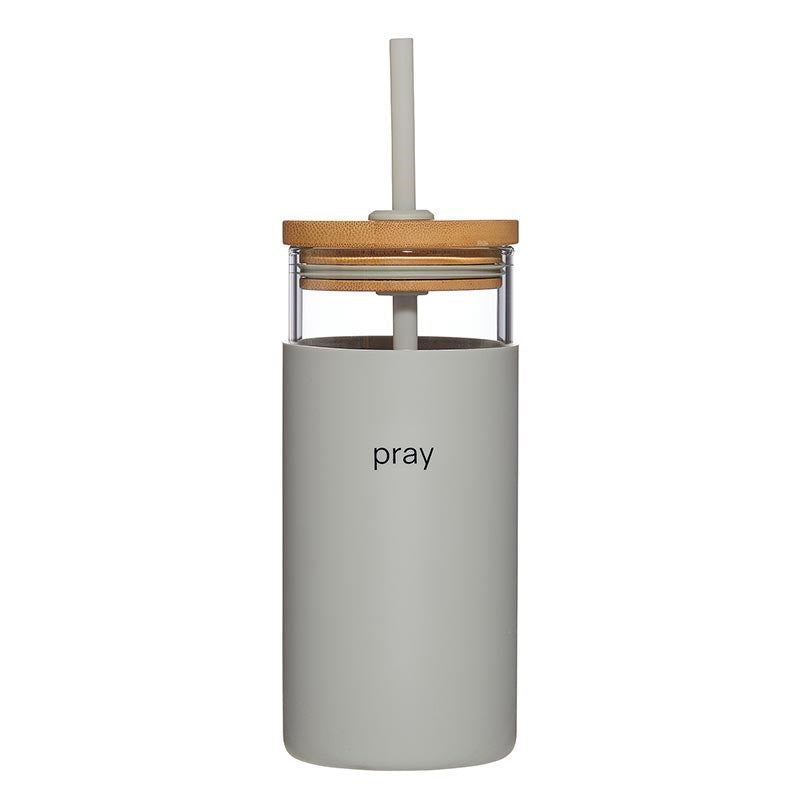 Glass Water Bottle-Pray w/Silicone Sleeve Bamboo Lid (7"H Holds 18 Oz)