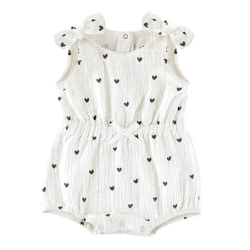 Muslin Cinch Waist Romper-White w/Grey Hearts (6-12 Mo)