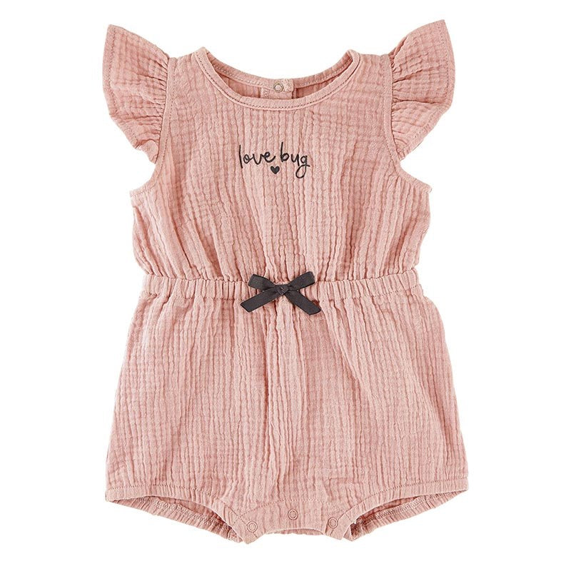 Muslin Cinch Waist Romper-Love Bug/Pink (6-12 Mo)