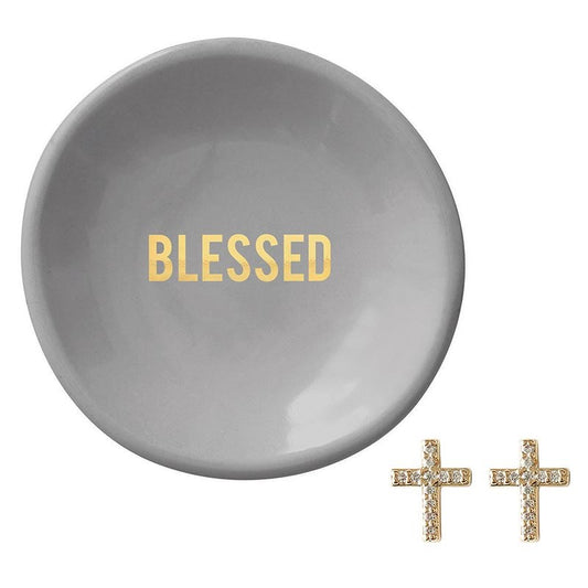 Trinket Tray & Earrings-Blessed-Cross/Gray (3"D)