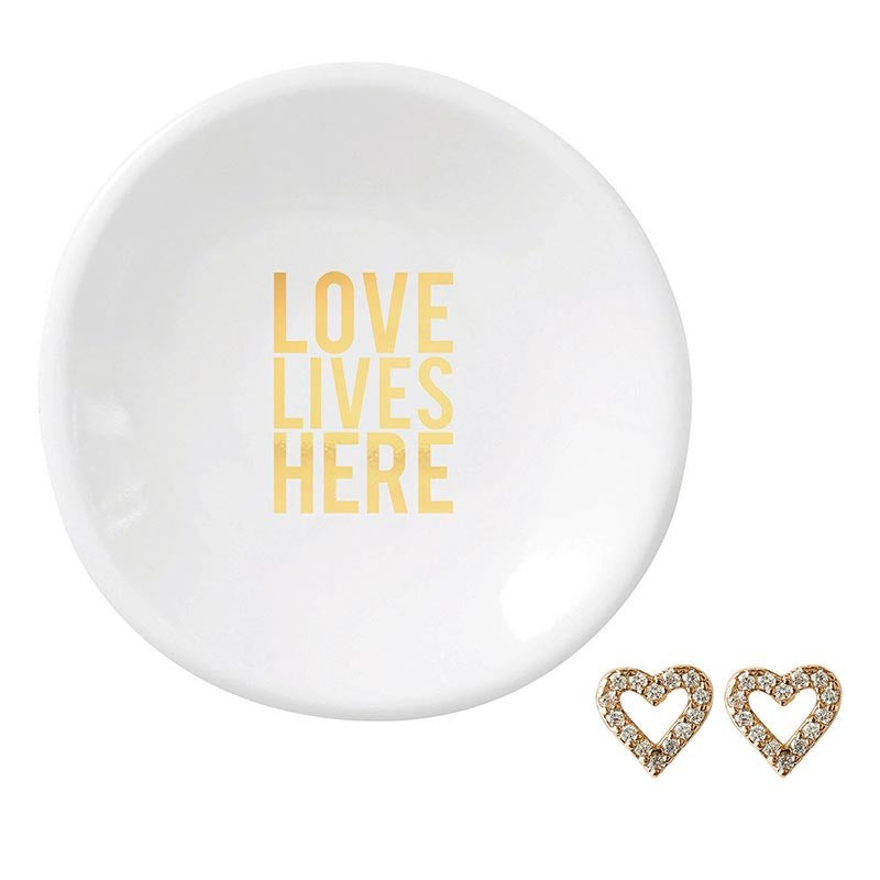 Trinket Tray & Earrings-Love Lives Here-Heart/White (3"D)