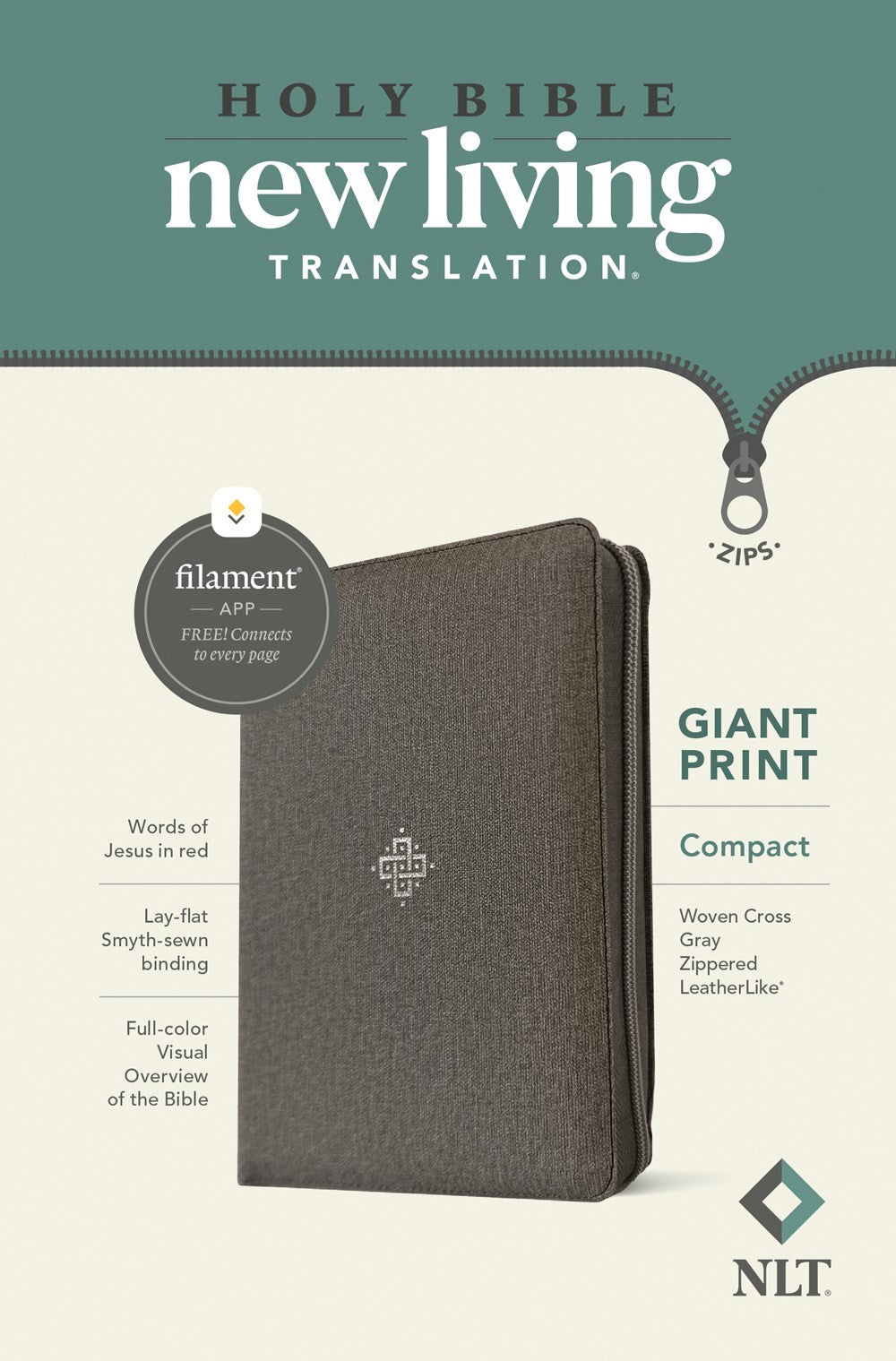 NLT Compact Giant Print Bible Filament-Enabled w/Zipper-Woven Cross Gray LeatherLike