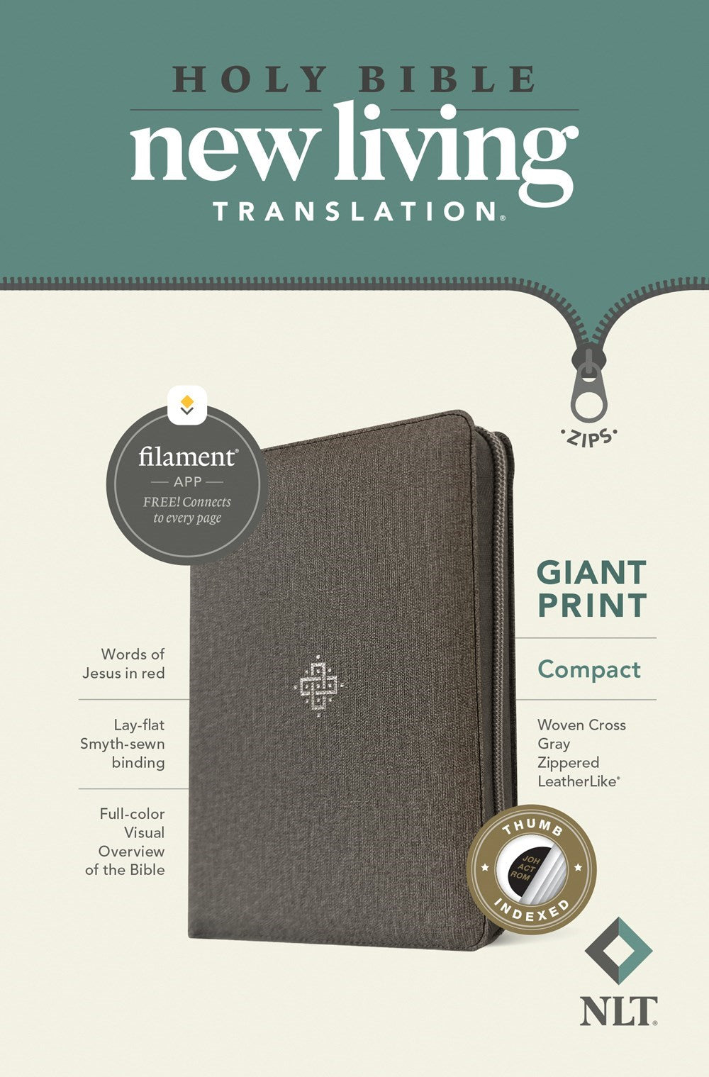 NLT Compact Giant Print Bible Filament-Enabled w/Zipper-Woven Cross Gray LeatherLike Indexed