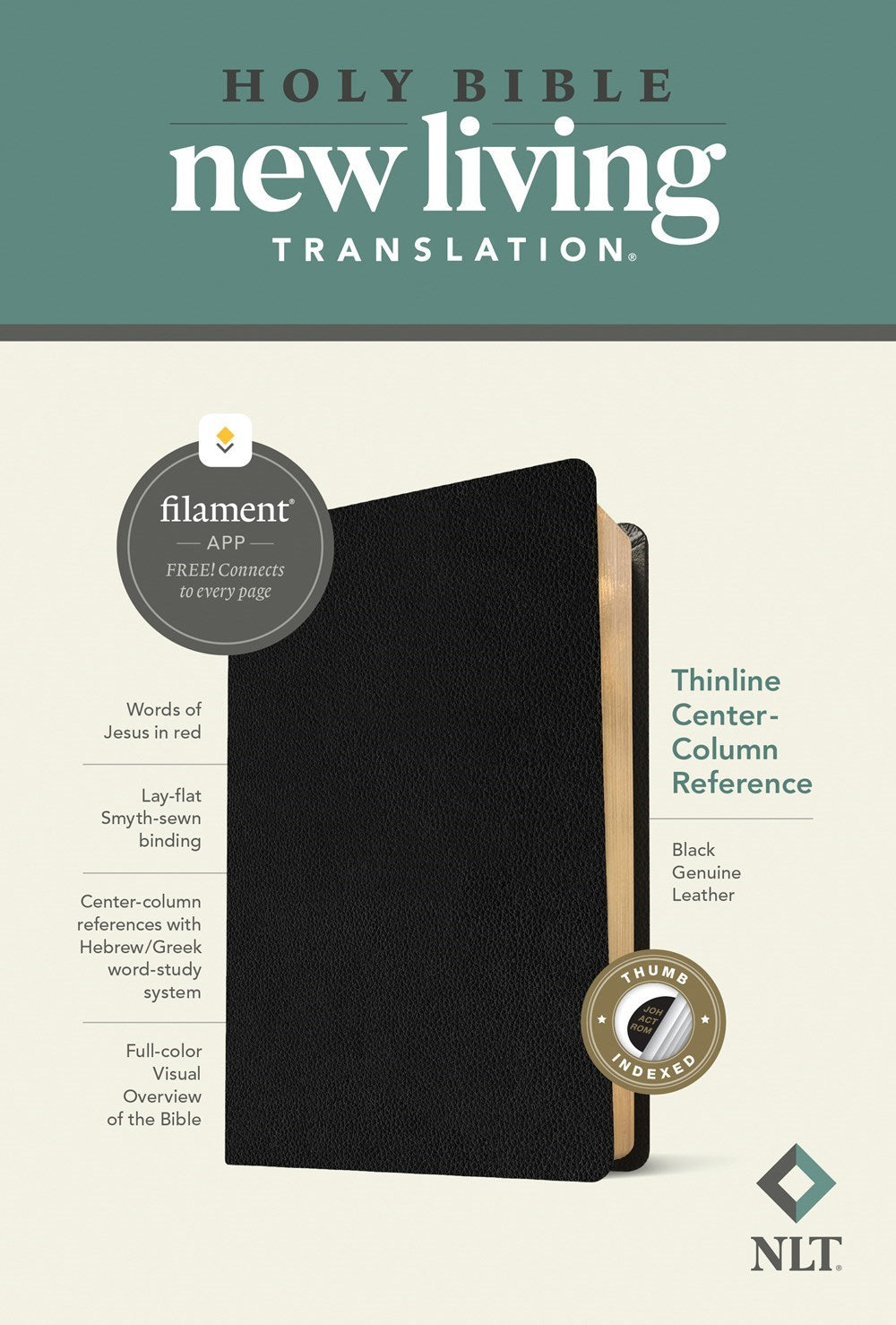 NLT Thinline Center-Column Reference Bible Filament-Enabled-Black Genuine Leather Indexed