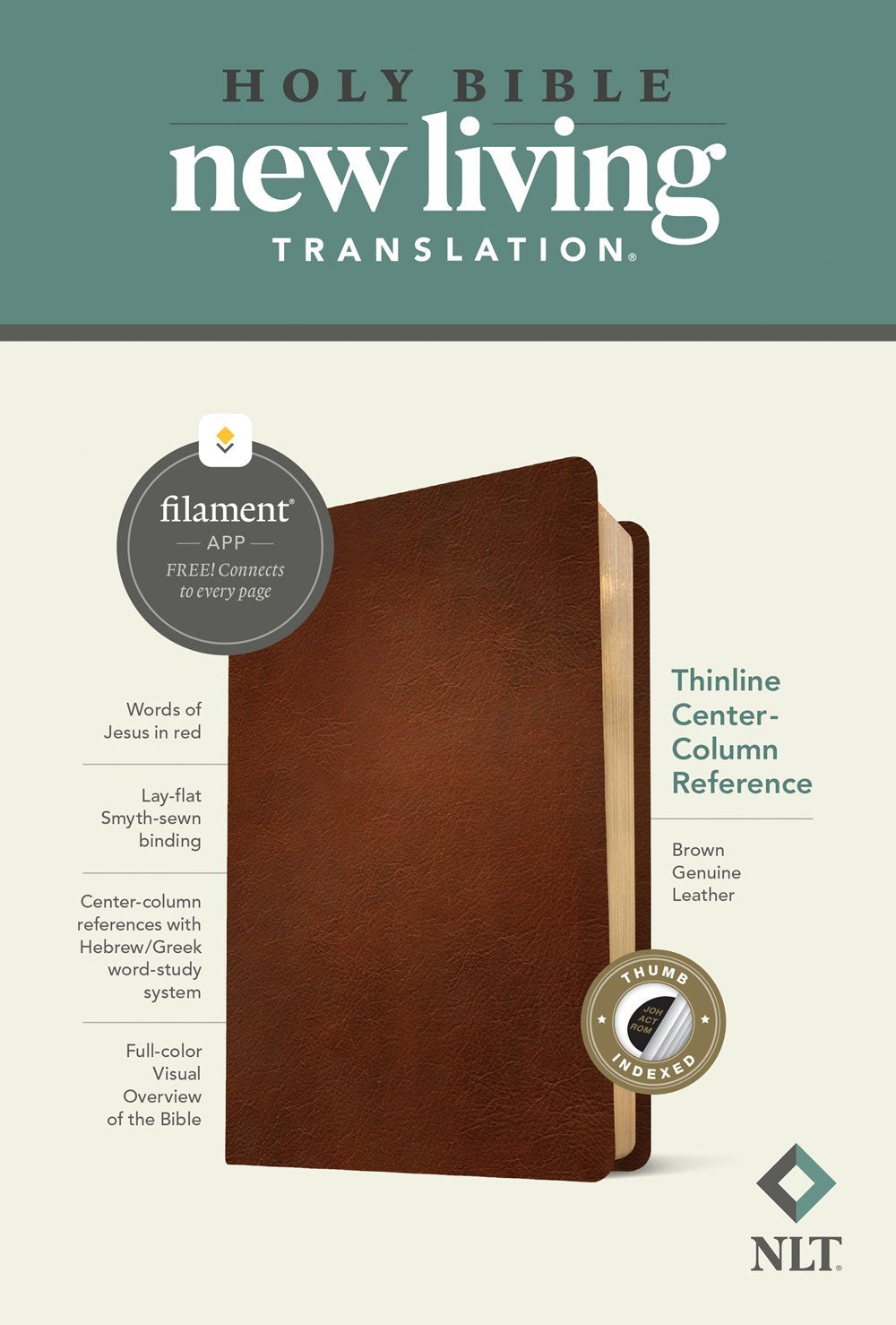 NLT Thinline Center-Column Reference Bible Filament-Enabled-Brown Genuine Leather Indexed